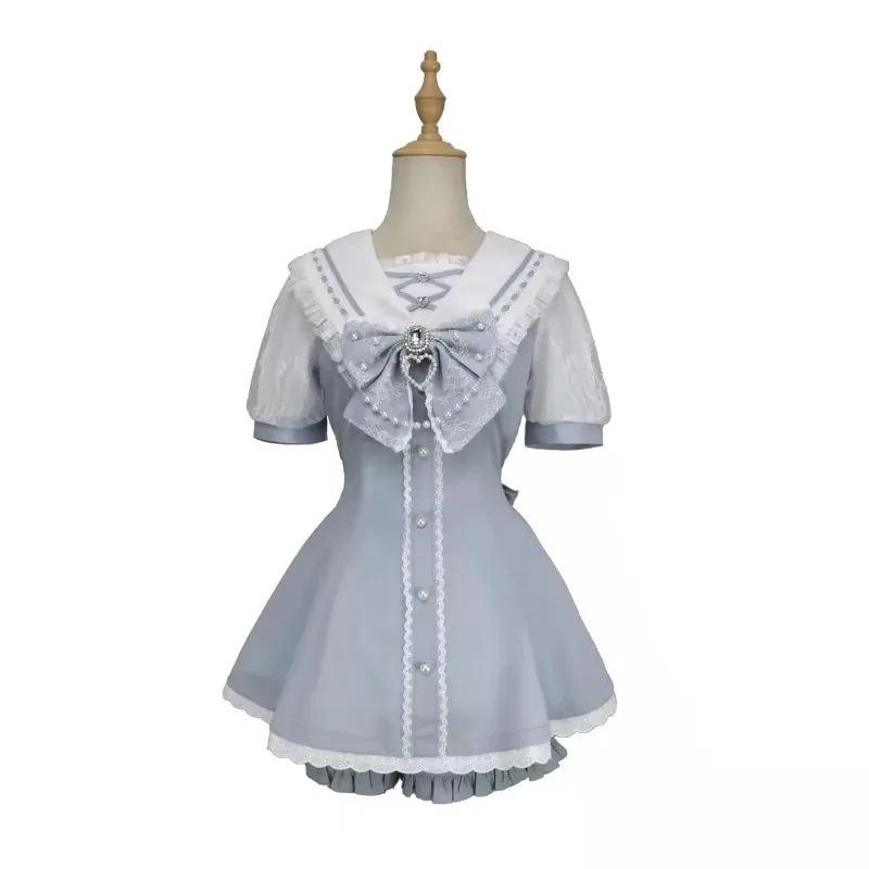 Women Gothic Lolita 2 Piece Set    Ruffles Button Shirt and Shorts Slim  Outfit
