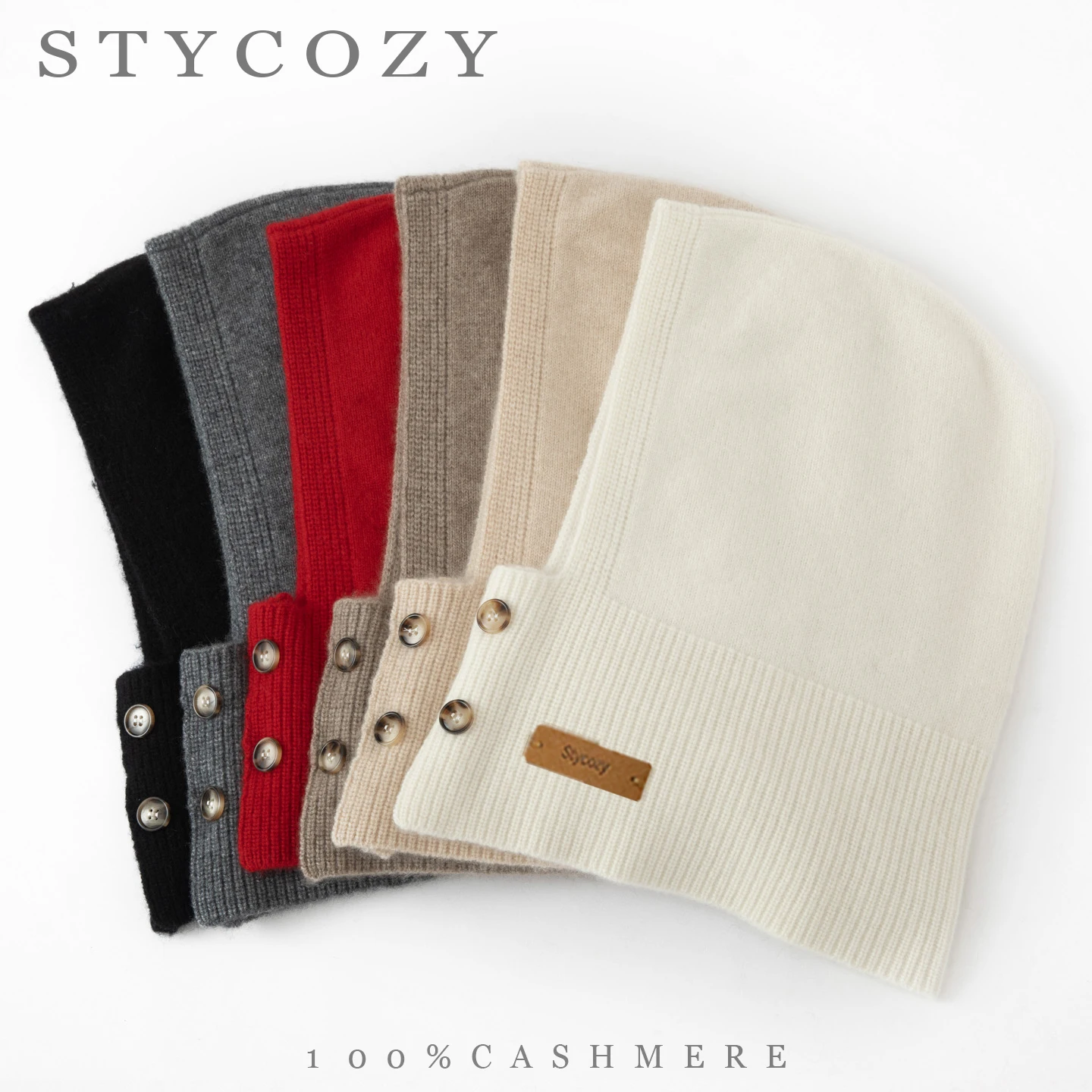100%Cashmere Women Knitted Hooded Neck Warmer Button Closure Integrated Hat Scarf Solid Soft Winter Balaclava for Outdoor Skiing