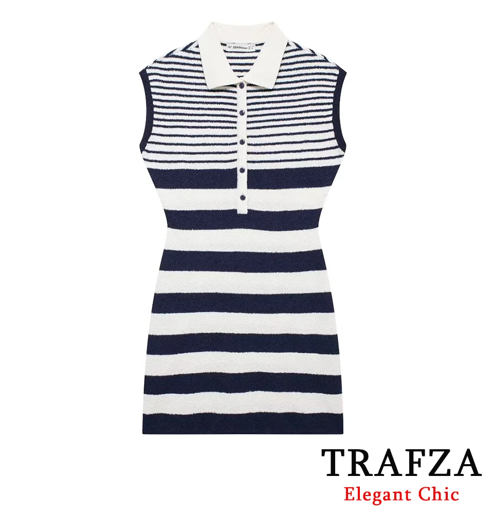 

TRAFZA Casual Knit Stripe Tailored Short Dress Women's Lapel Slim Fit Dress New 2024 Autumn Fashion Vacation Dress