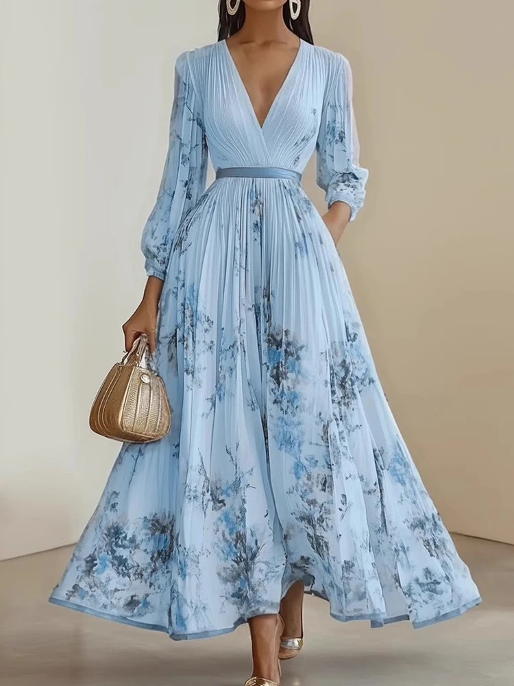ฤดูใบไม้ผลิฤดูร้อนใหม่แขนยาวชุดพรรคเรียบง่ายผู้หญิงลึก V คอ Chic พิมพ์ชุด Maxi, 2025 Patchwork แฟชั่นสุภาพสตรีชุด