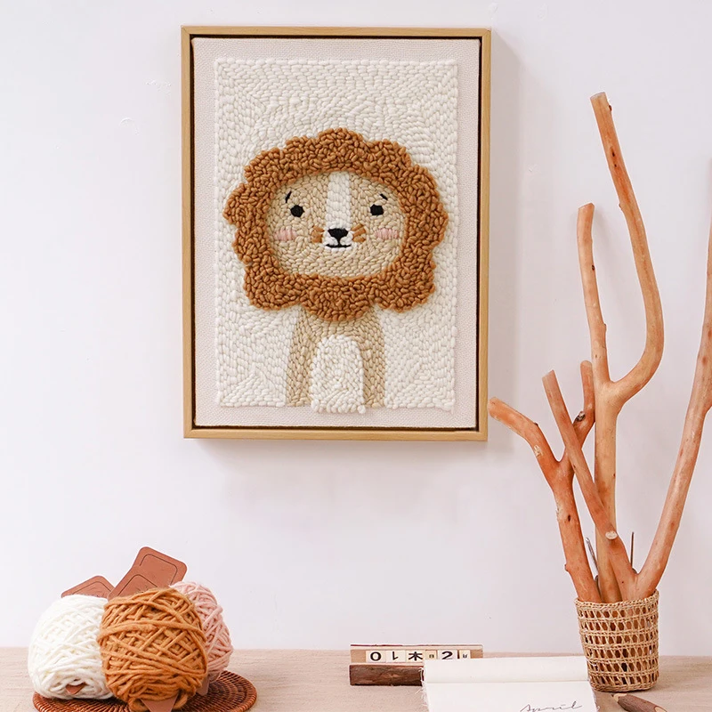 Complete Punch Needle Kit Cute Lion Rug Yarn Hooking Beginner Set With Magic Embroidery Needle Pen for Kids Adults Craft Gift