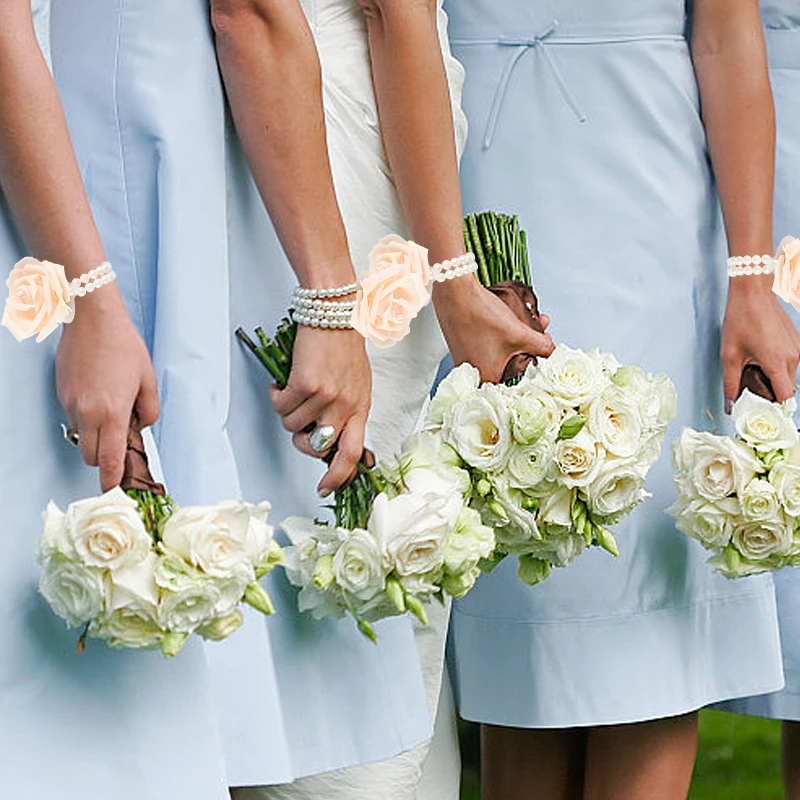 5Pcs Elastic Pearl Wristband Wedding Corsage DIY Decor Accessories Stretch Handmae Bridal Bridesmiads Wristbands Party Prop Gift