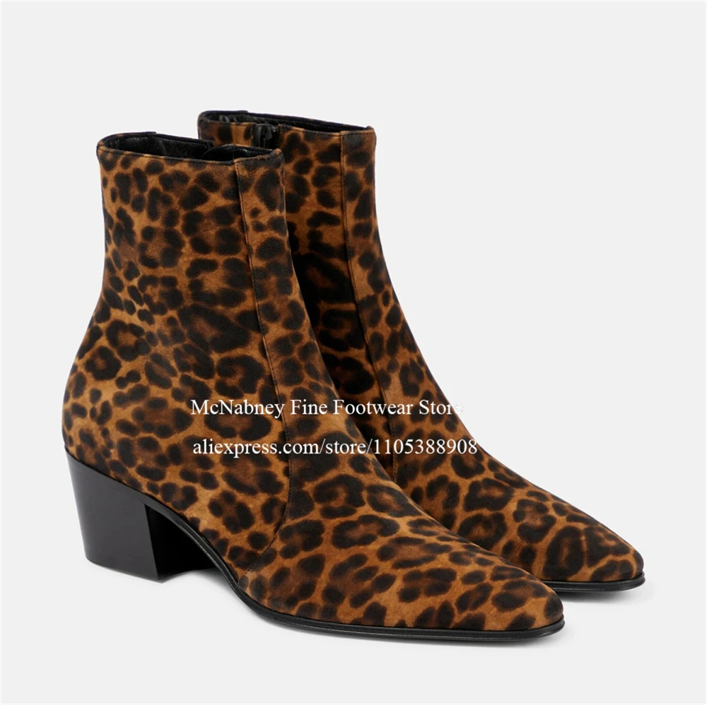 Leopard Print Suede Ankle Boots Side Zipper Chunky Heel Pointed Toe Men Dress Boots for Party Casual Street Style Plus Size