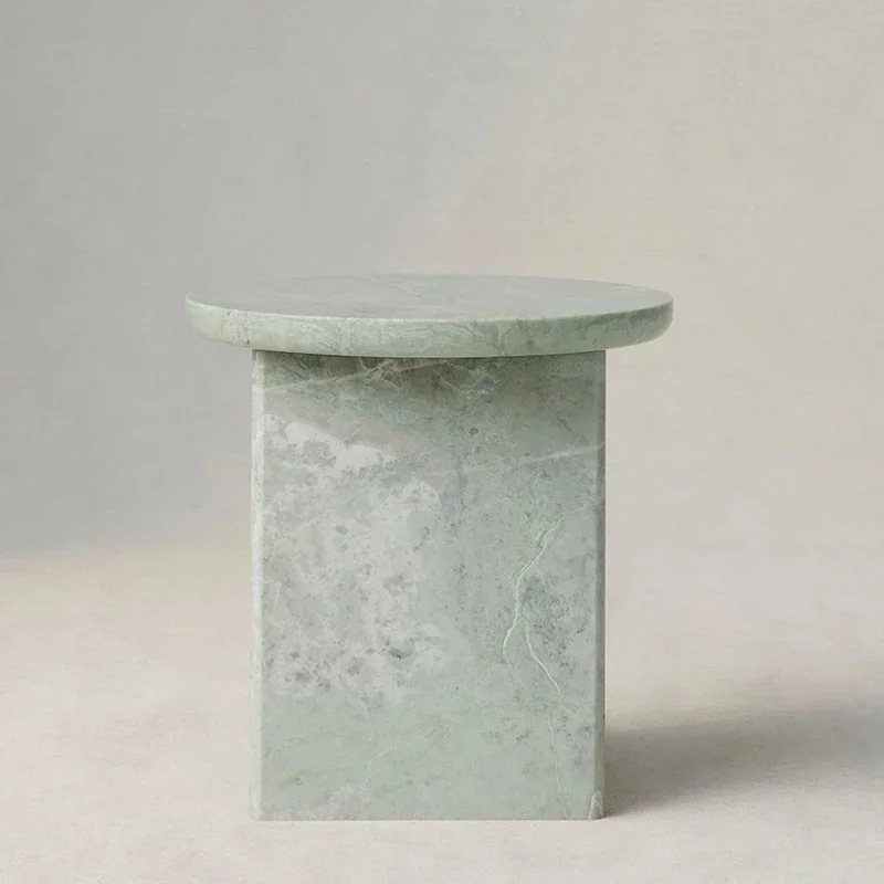 #Artistic Marble Side Table Exclusive Round Top with Asymmetrical Stone Pillar Sculptural Modern Living Room Accent Side Table