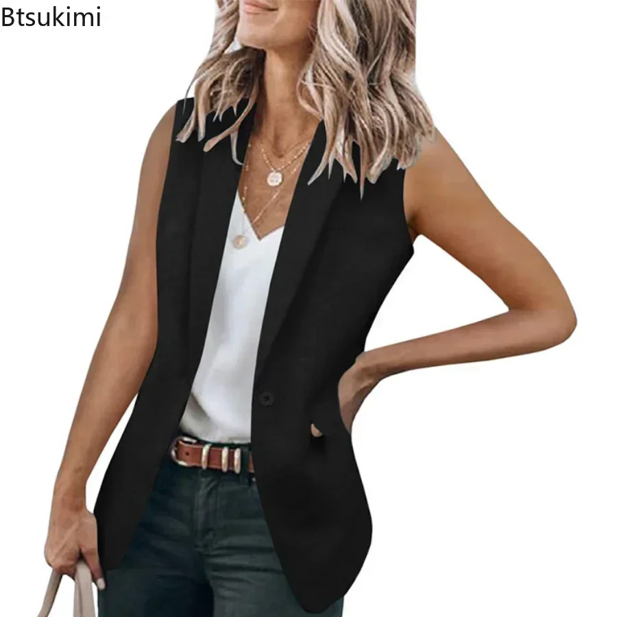 2025 chaqueta de oficina de verano para mujer, chaleco liso sin mangas, chaqueta de traje para mujer, cárdigan holgado con cuello, chaleco con un solo botón para mujer