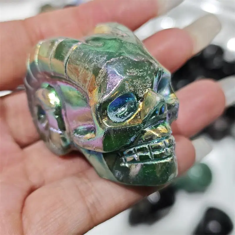 2inch Natural Aura Quartz Demon Skull Carving Healing Fengshui Stone Home Decoration Holiday Gift 1PCS