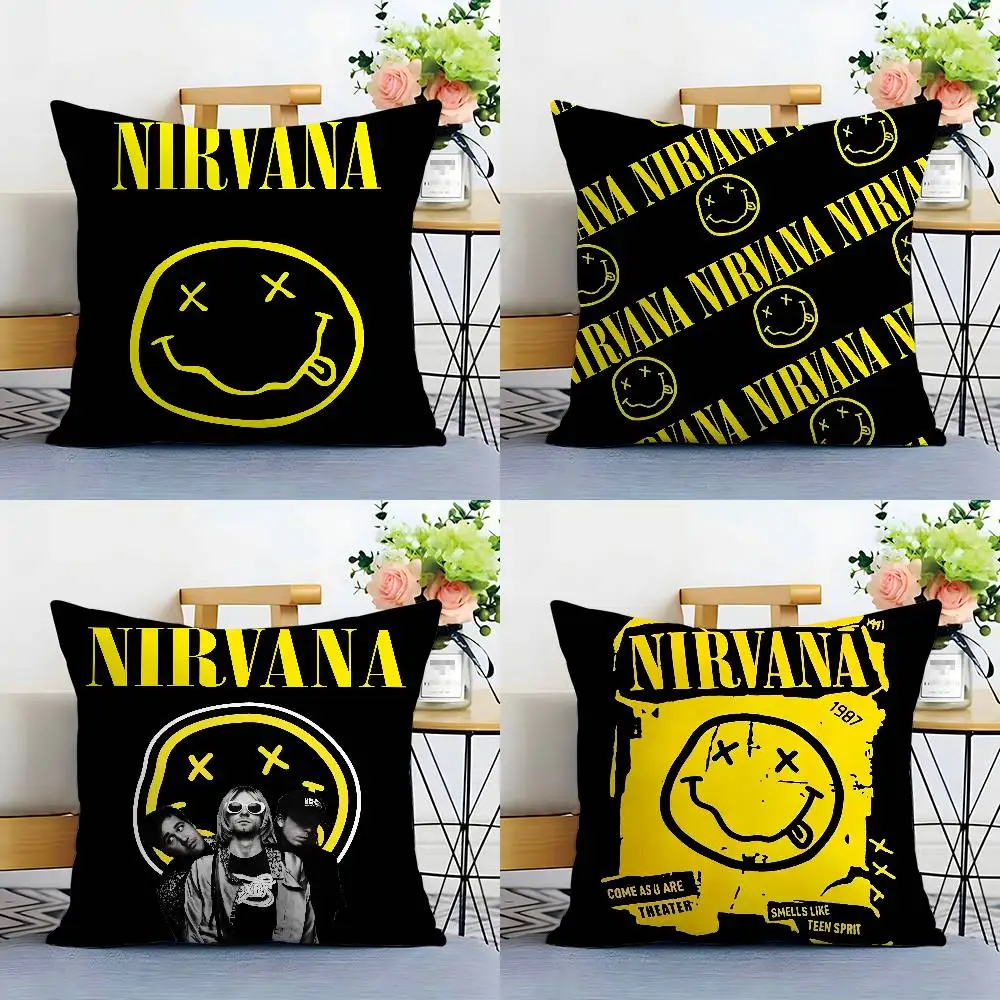 Band Smile-N-NirvanaeS-S Pillow Case Square Double‑Sided Print Cushion Case For Sofa Home Bedchamber Decor Gift
