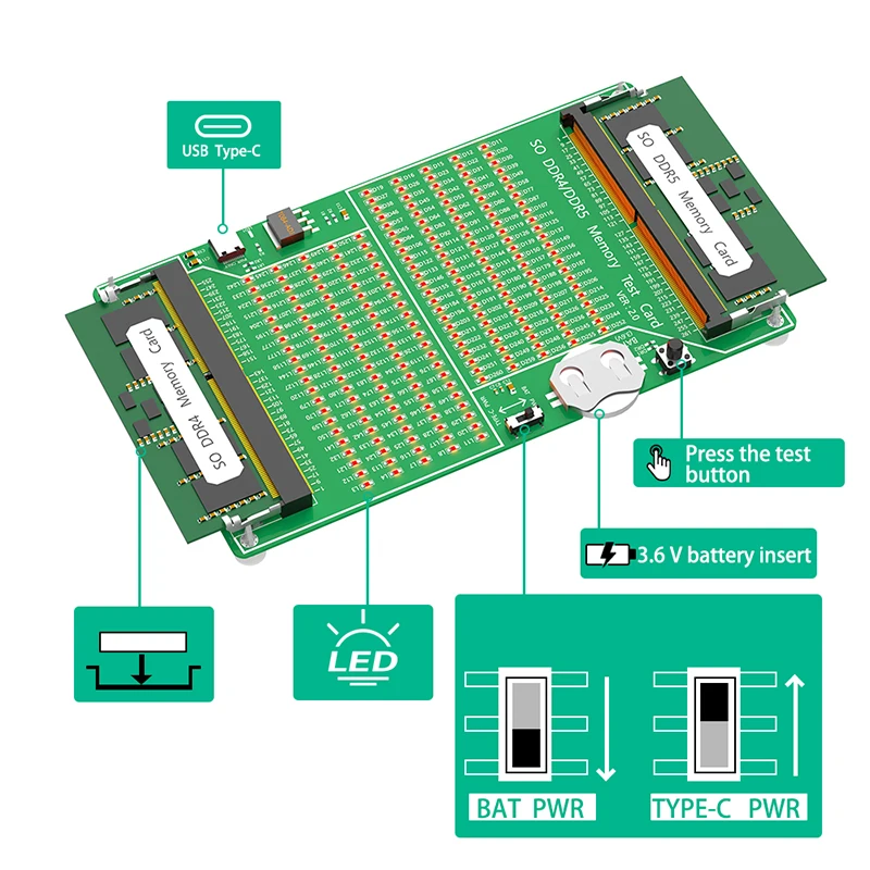 Laptop so DDR4 DDR5 Speicher RAM Test karte Diagnose Adapter PCB Circuit Tester Tool mit LED für Laptop DDR4 DDR5 Speicher