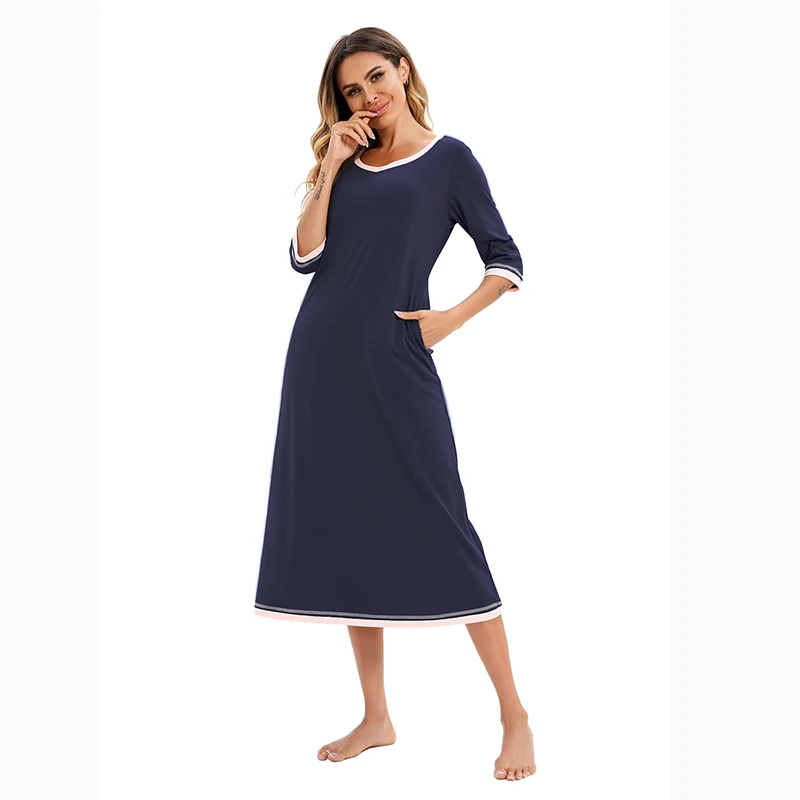 Aamikast Summer Women Soft  Nightgowns Patchwork Loose Fit V Neck Comfy Lightweight Half Sleeves Sleepwear Night Shirts