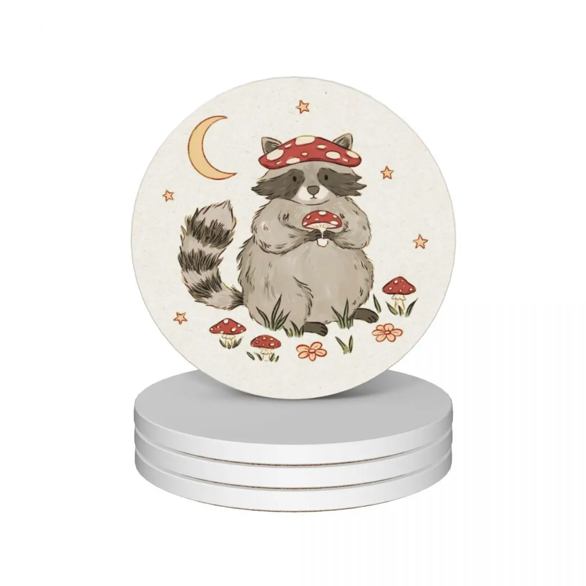 

Raccoon with Mushrooms Ceramic Coasters (Set of 4) mat for dishes coffee tea cup holders Coasters