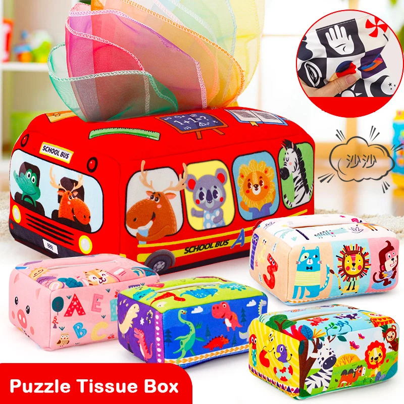 

Fun Baby Puzzle Early Learning Cloth Book Toy Box Cartoon Dinosaur Animal Tear Tissue Box Baby Rattling Paper Cloth Book Toys