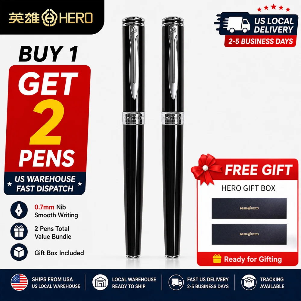 Hero 7035 Fountain Pen Gold Plated Nib 0.5mm, Smooth Writing Comfortable Grip Metal Black Body, Local Warehouse Stock Same Day Dispatch, Business Signature Calligraphy Iridium Pen Support Ink Cartridge & Converter