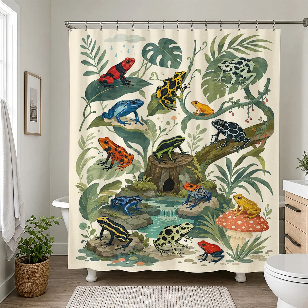 Tropical Rainforest Pond Scene Shower Curtain Jungle Animals Lizard Frog Green Bathroom Decor