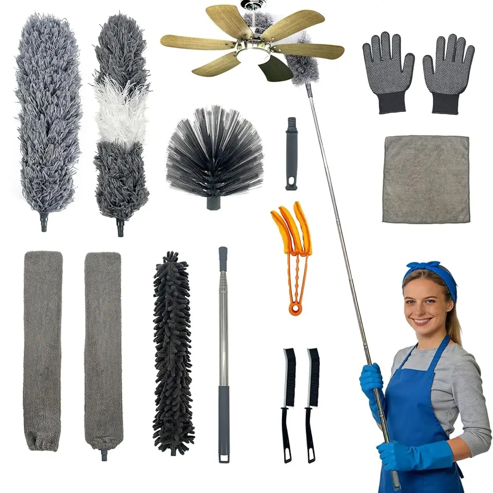 

13PCS Feather Duster Kit, Microfiber Duster with Extension Pole 100 Inches, Washable & Reusable Duster for Cleaning Fans, Bas