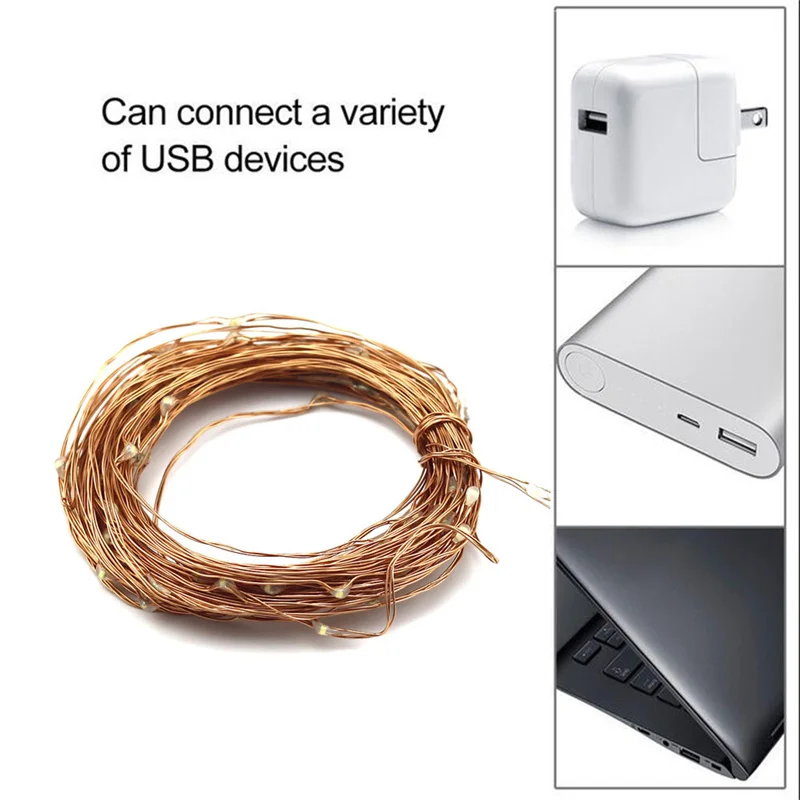 Cadena de iluminación USB de 2M, 5M, 10M y 20M, luces Led de colores para vacaciones, decoración de bodas y Navidad, cable de cobre USB blanco cálido