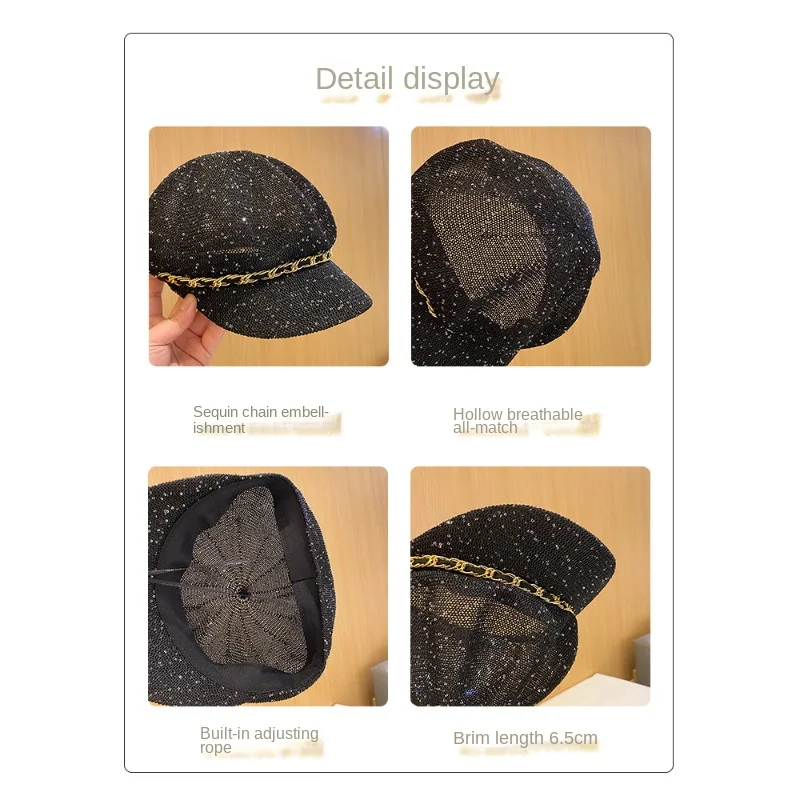 Women's Summer Hat New Trend Fashion Sequin Octagonal Hat Female Niche Hollow Out Breathable Duck Cap Shade Panama Women's Hat