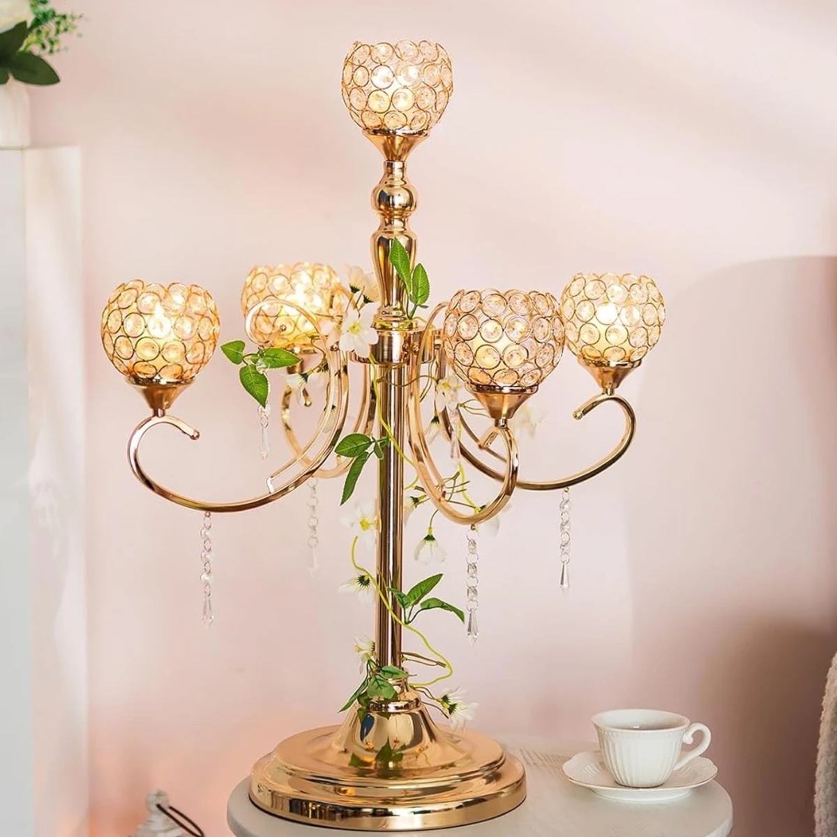 

10pcs H 80cm 5 Arm Candelabras Centerpieces with Crytal Pendant, Elegant Tall Floor Candelabra Candle Holder 184