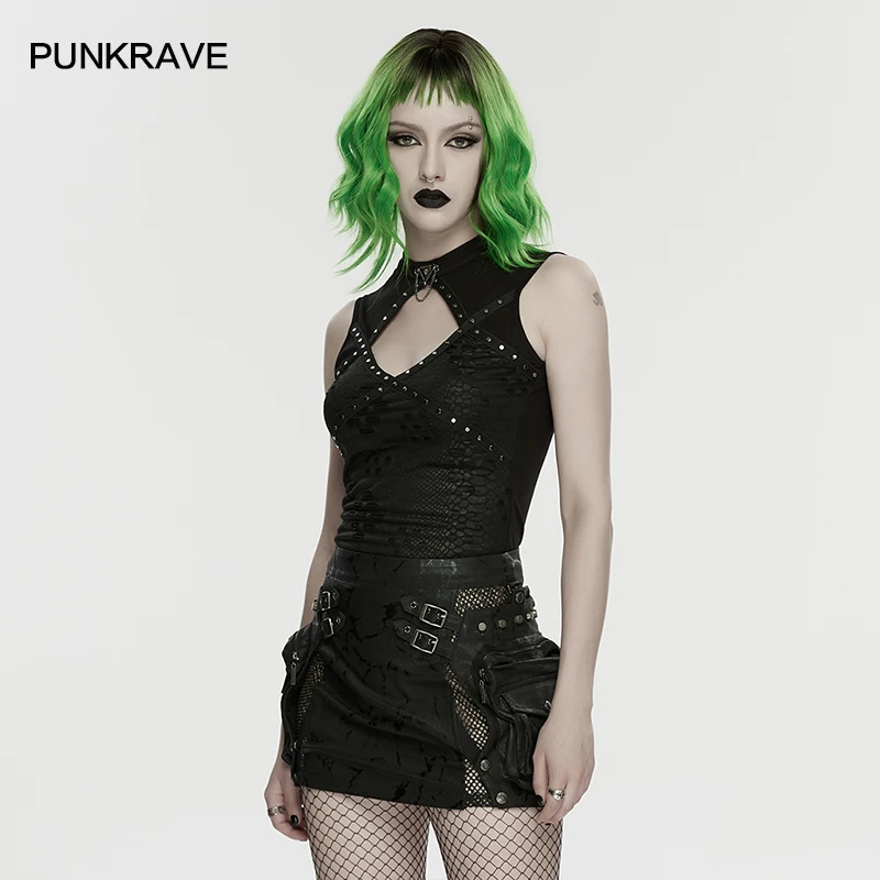 PUNK RAVE Women's Punk Icy Breathable Knit Studded Vest Sexy Hollow Out Personality Dark Tees Tops Zipper on Back Collar
