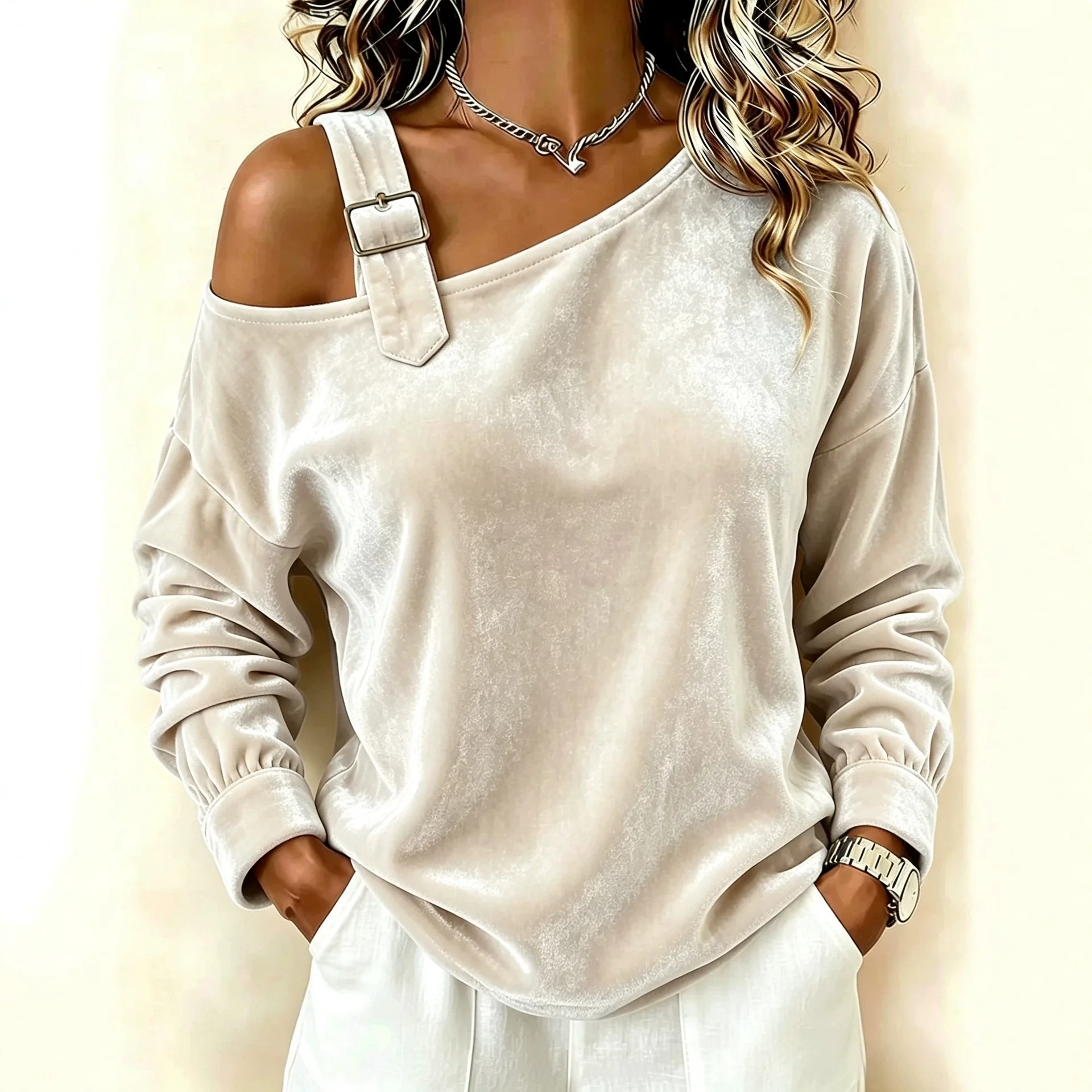 2026 New Autumn. Collection: Elegant Women's Off-shoulder Loose-fitting One-shoulder. Top With Long Keys Boho Clothes