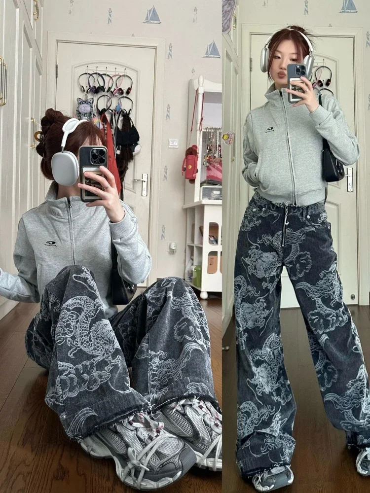 ADAgirl Chinese Style Jeans Women Y2k Vintage Baggy Dragon Print High Waist Zip Wide Leg Denim Pants Hip Hop Causal Kpop Bottoms