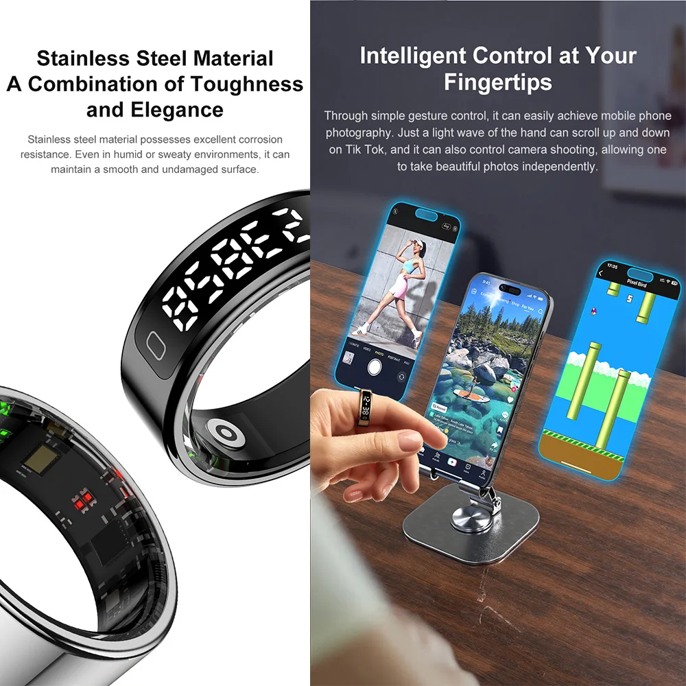 R11C Smart Display Screen Smart Ring 1ATM Waterproof Stainless Steel Intelligent Touch Heart Rate Blood Oxygen Stress Monitor