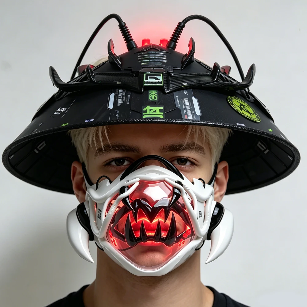 LED Cyberpunk Samurai Hat and Mask Set, Futuristic Rave Gear, Light Up Helmet for Cosplay Costume Festival Party DJ Wear