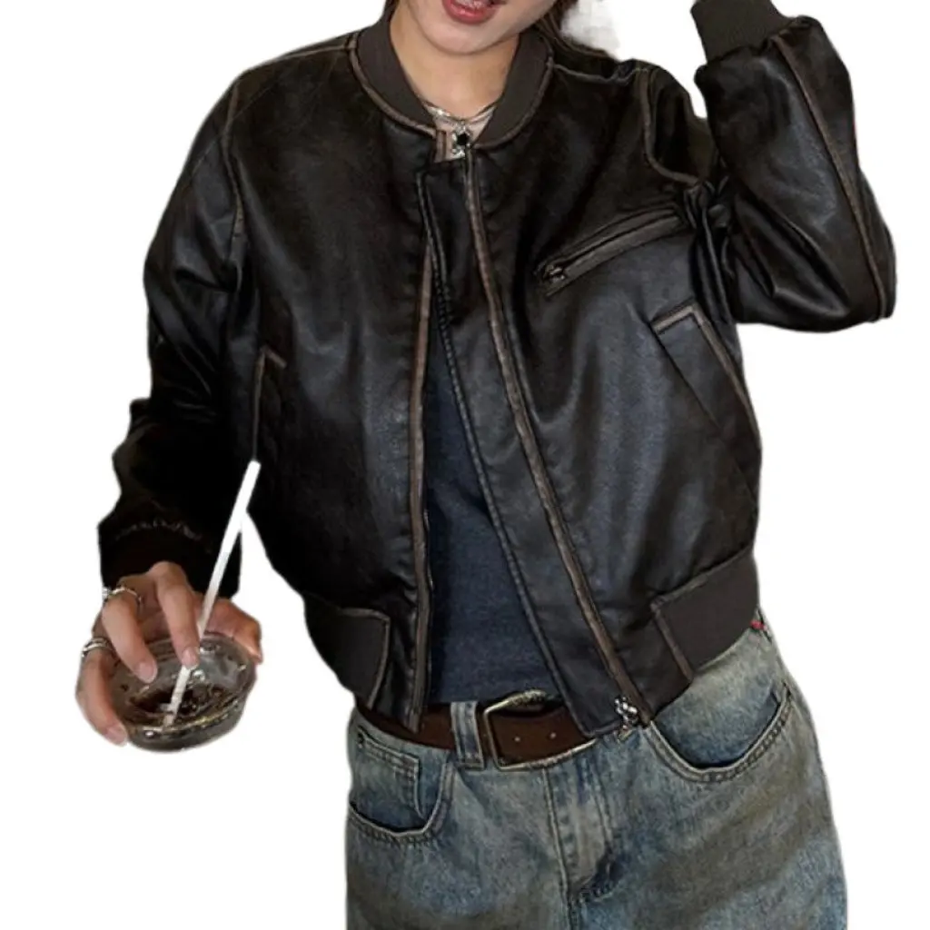 Handmade Vintage American Short Motorcycle Leather Jacket Women's Long Sleeve All-Match Top Maillard Coat