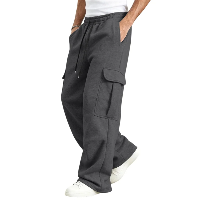 autumn winter Men's Sports Leisure Trousers Multi-pocket Loose Solid Color Cargo Work Pants Streetwear Drawstring Men Long Pants