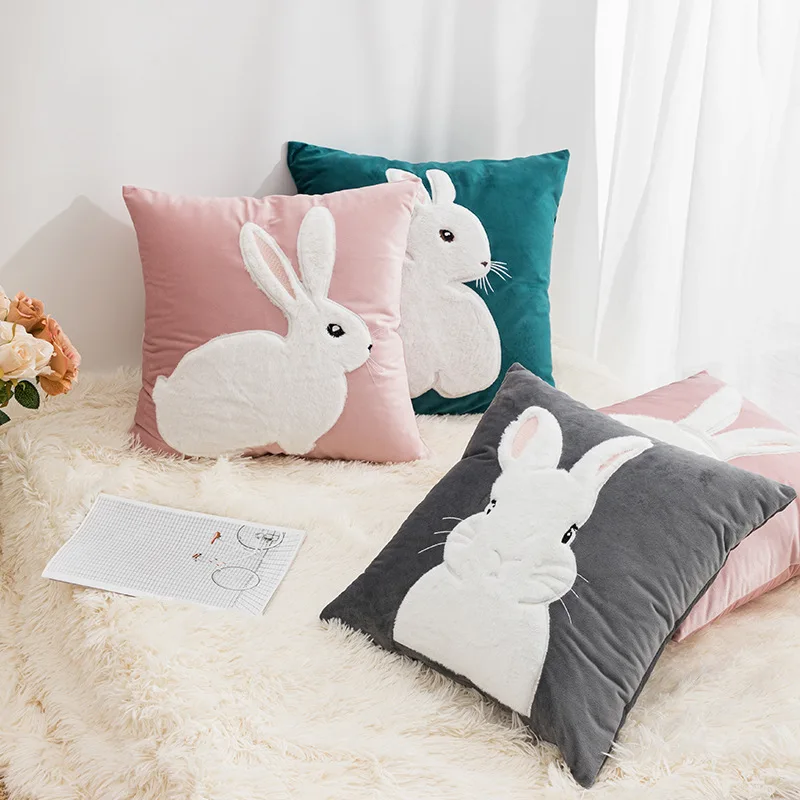 

45x45cm Cute Embroidered Pink Rabbit Throw Pillow Cover Homestay Soft Cushion Cover Pillowcase for Sofa Bedroom Car Decor