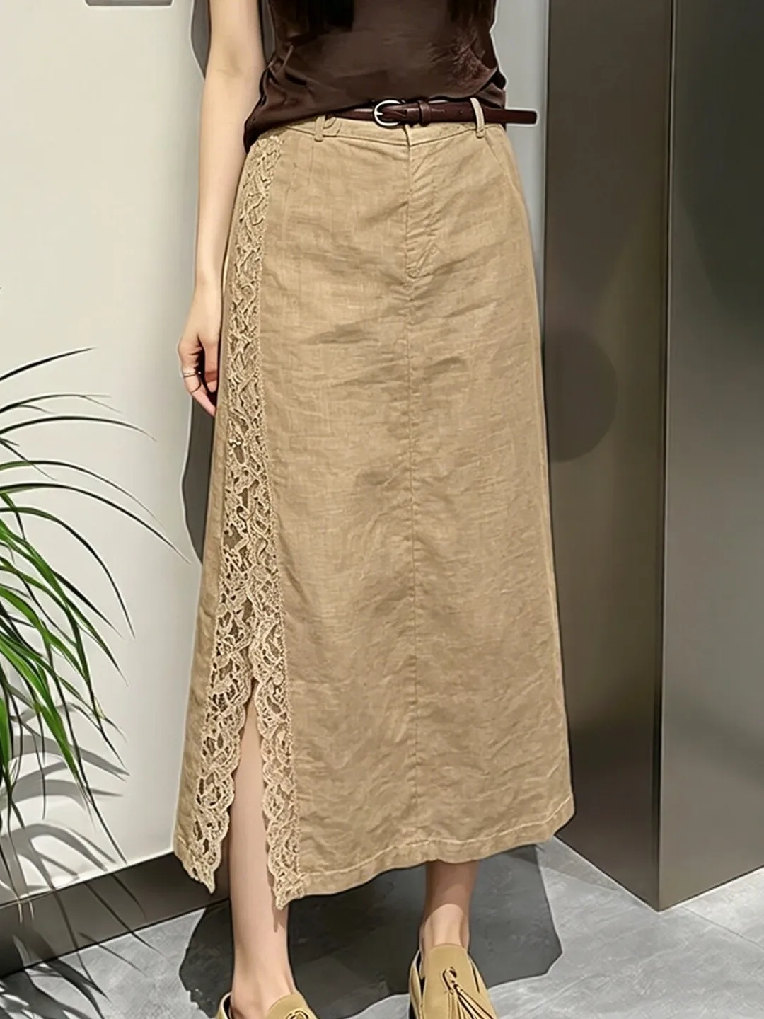 Outlet Exclusive Mid-Length Lace Patchwork Side-Slit A-Line Skirt Slimming Summer Trend Ladies High Waist Rigid Fabric