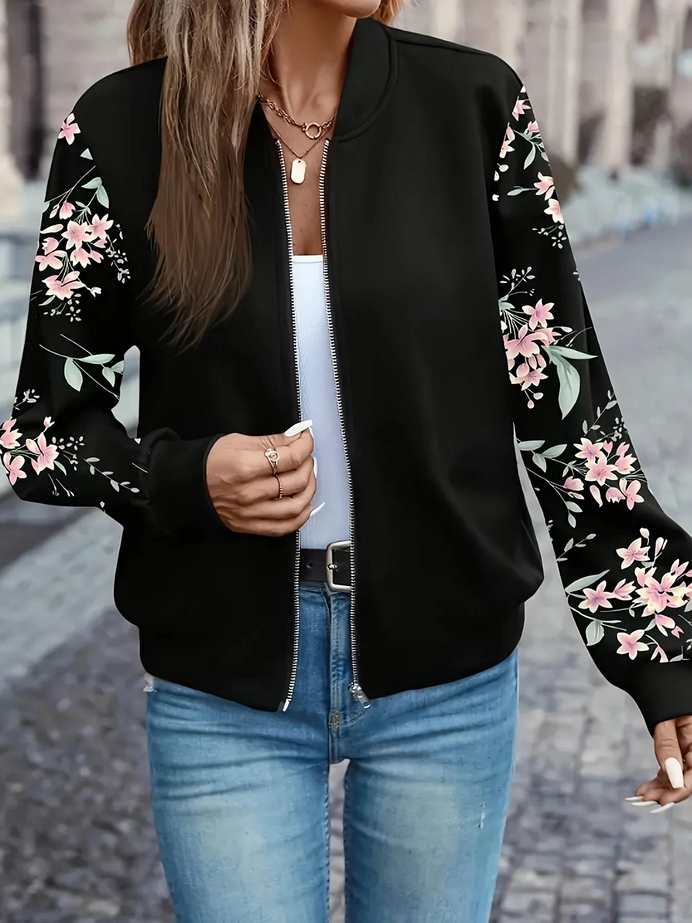 Herbst- und Winter-Langarmjacke mit Dünnem Reißverschluss, Blumenmuster und Modischem Design – Detail 4