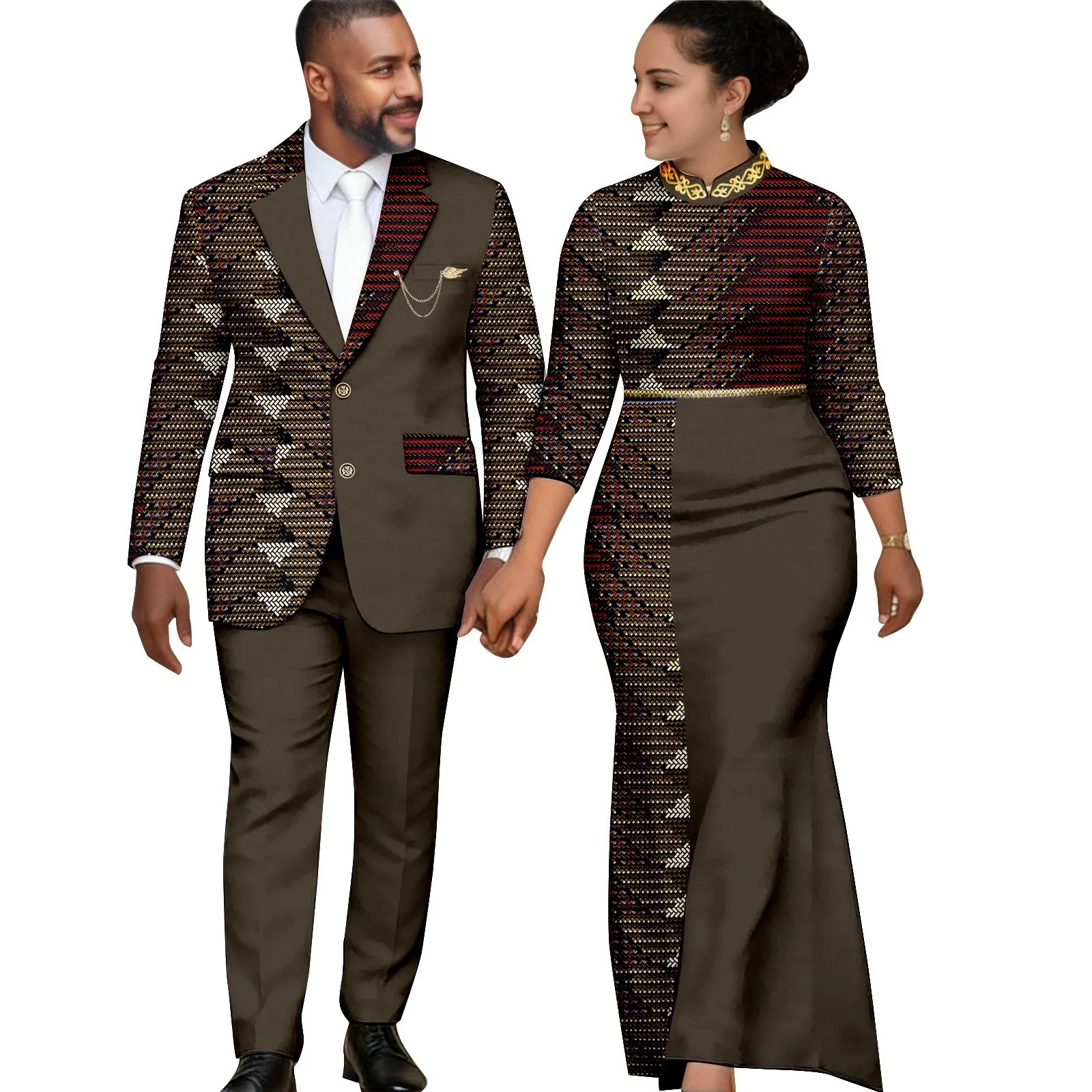 

Elegant African Print Long Dress for Women Dashiki Men Suits Matching Couple Clothes Ankara Jacket Top And Pant Sets