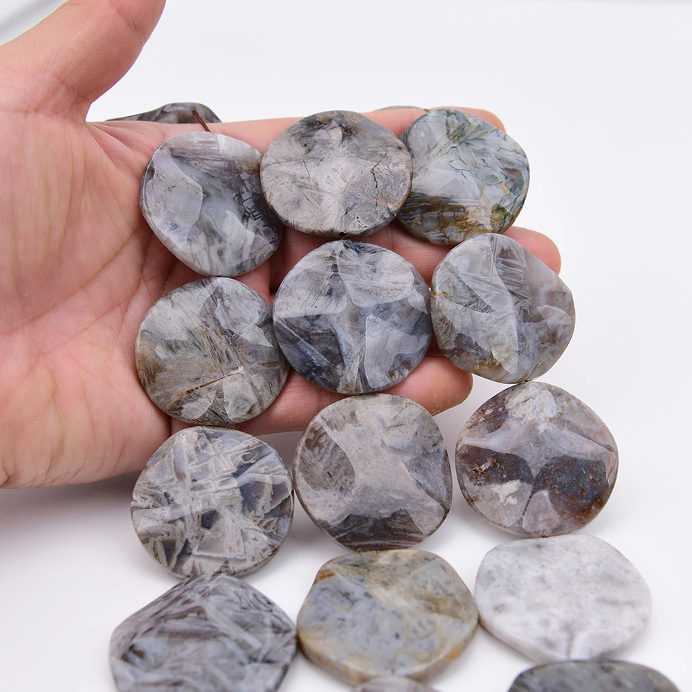 APDGG Large Size 40mm Natural Bamboo Leaf Agate Wavy Coin Chunky Loose Beads 15.5'' Strand Jewelry Making DIY