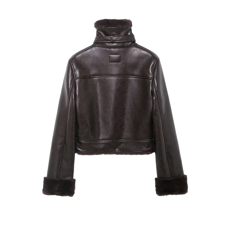 Giacca da donna in ecopelle, nuova giacca casual in pelle a maniche lunghe dritta con colletto alla coreana in peluche Moda casual autunno e inverno
