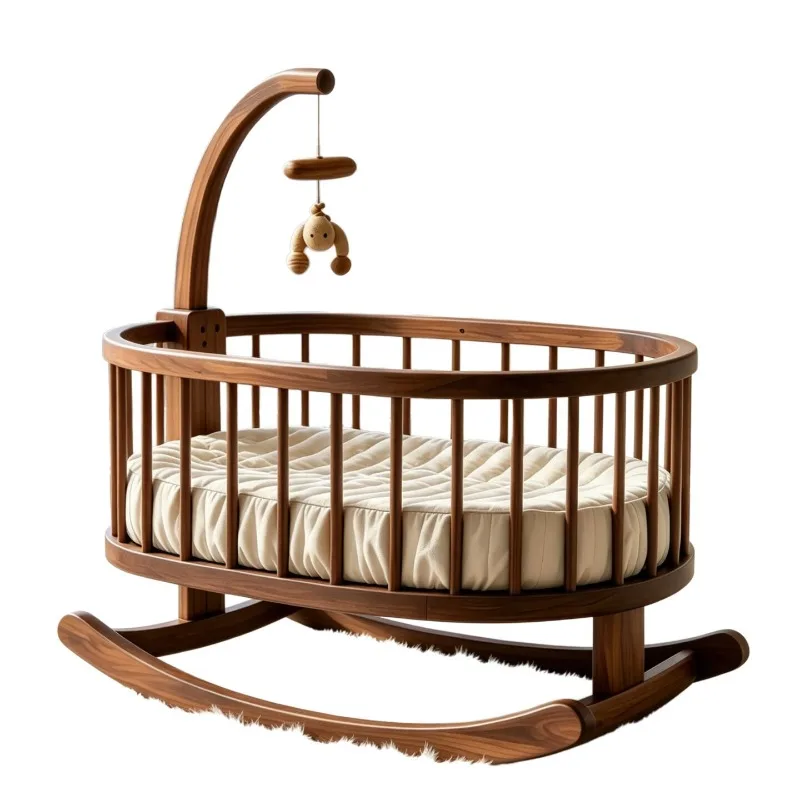 North American Black Walnut Rocking Bed, New Chinese Style, Cradle Bed Adjustable Furniture