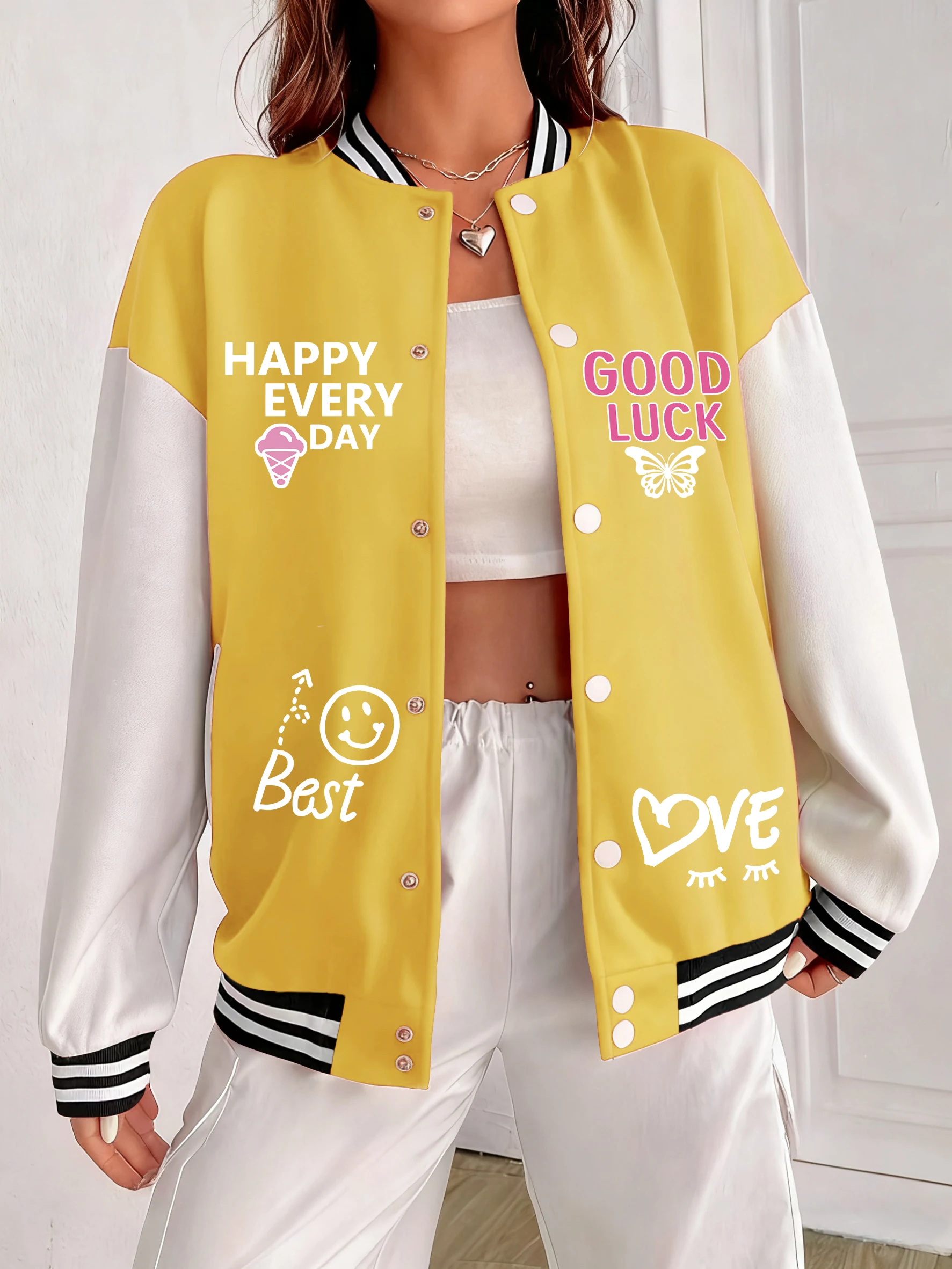 

Good Luck Happy Every Day Дизайн Женская бейсбольная форма Свободные красочные куртки Уличная хлопковая уличная одежда на пуговицах Женская одежда