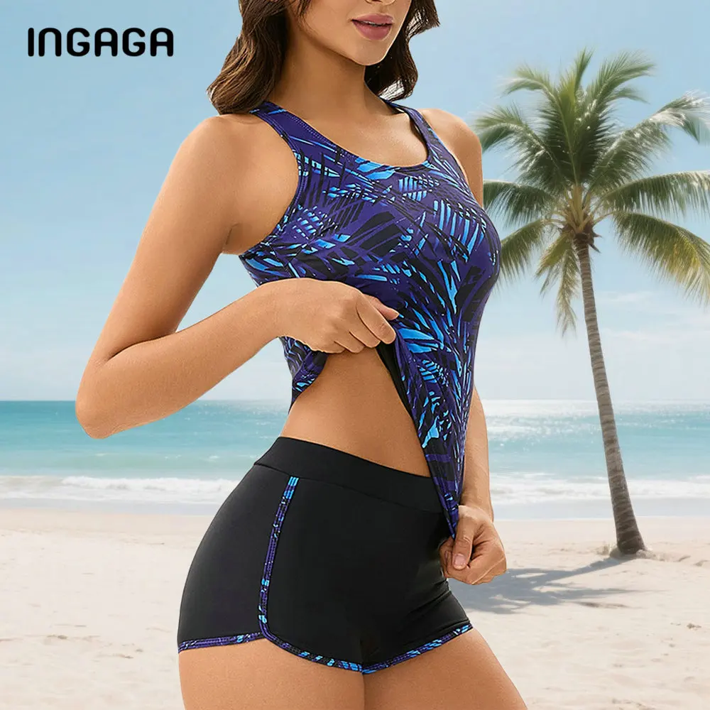 

Women's Two-piece Swimsuit 2025 Leaf Print High Waist with Boyleg Tankini Set Slimming Woman