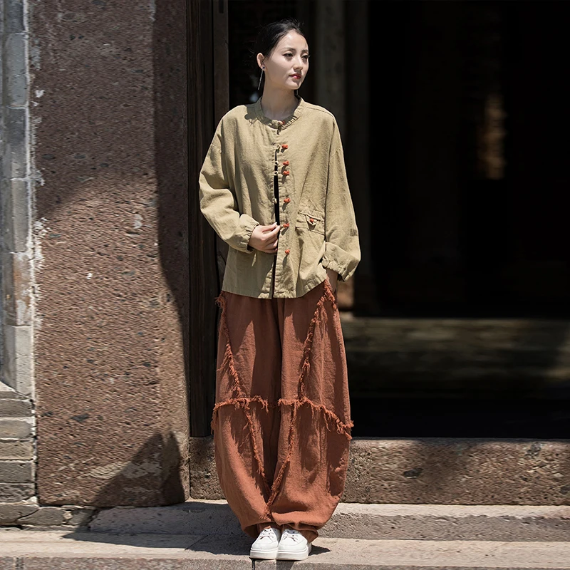Women Vintage Ramie Cotton Linen Pants Elastic Waist  Wide Leg Trousers Spring Summer Tie-dye Harem Pants Loose Bloomers