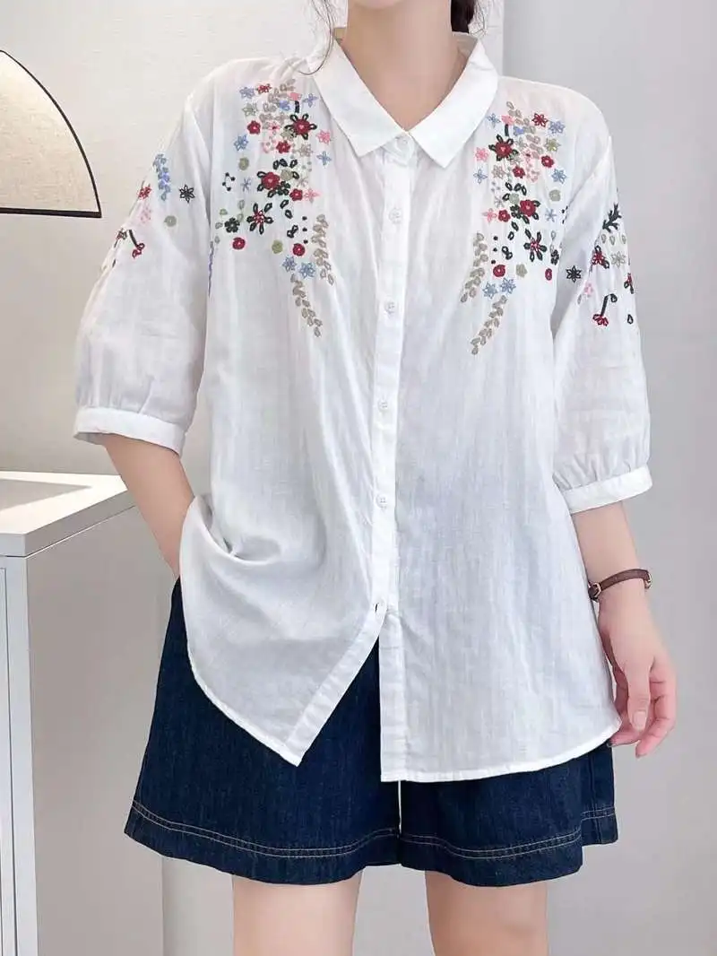 New Summer Cotton Half Sleeve Shirts Lapel Floral Embroidery Tops Mori Girl Retro Casual Loose Blouses 2024 Autumn T46973QM