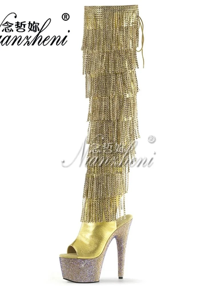 Gold Gothic Stripper Heels Over The Knee Boots 7Inch Fringe Rhinestone High Heels Exotic Dancer 17cm Over The Knee Boots Catwalk