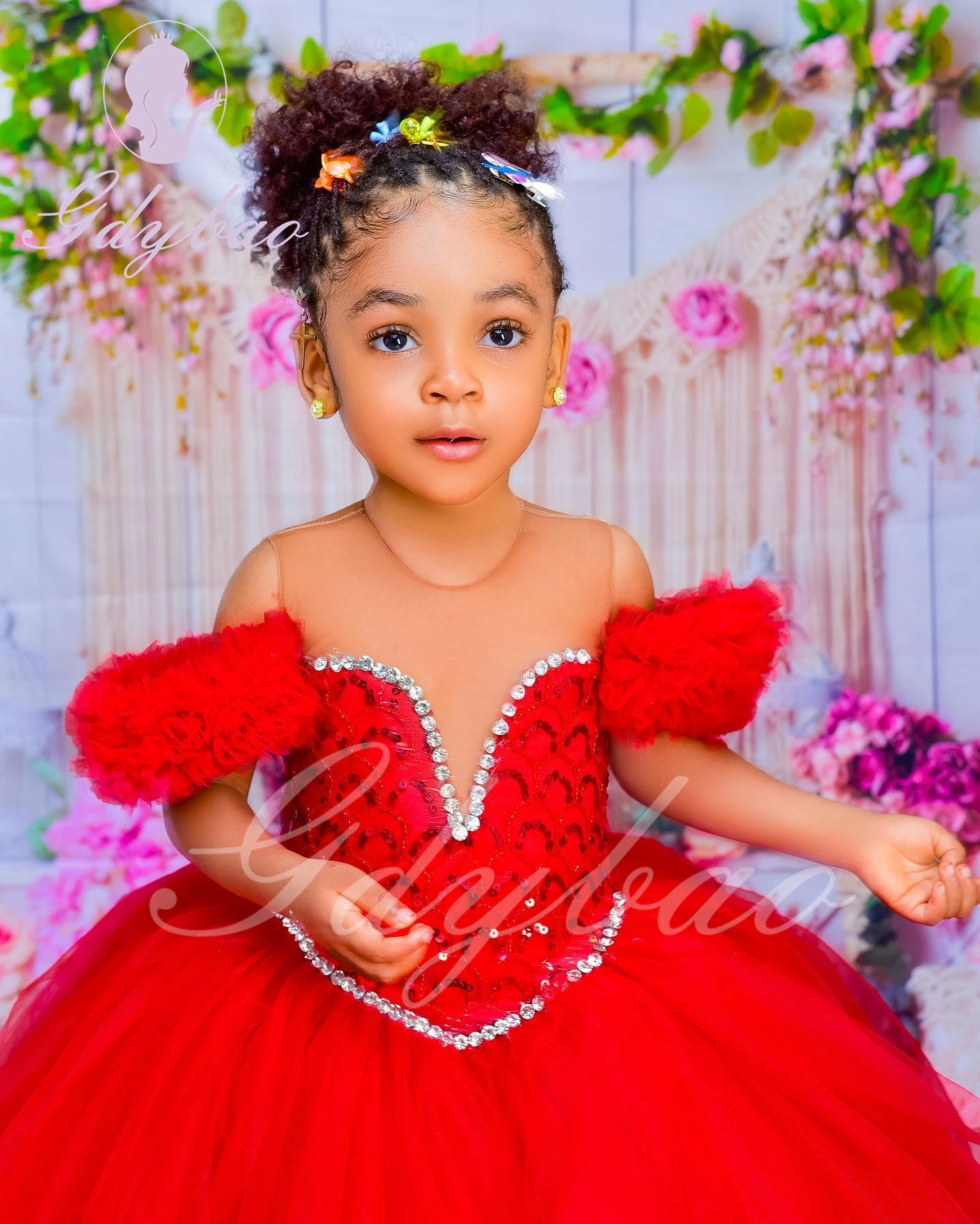 Vestido de niña de flores de tul naranja para boda hasta el suelo apliques hinchados princesa niños fiesta de cumpleaños vestido de baile de primera comunión