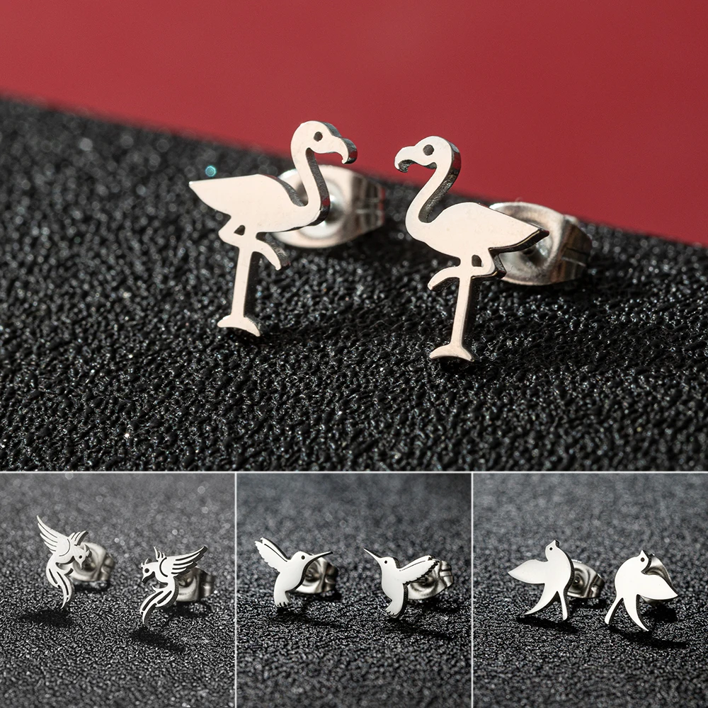 Jisensp 1 Pair Summer Flamingos Stud Earrings for Women Punk Stainless Steel Bird Animal Ear Studs Romantic Female Jewelry Gifts