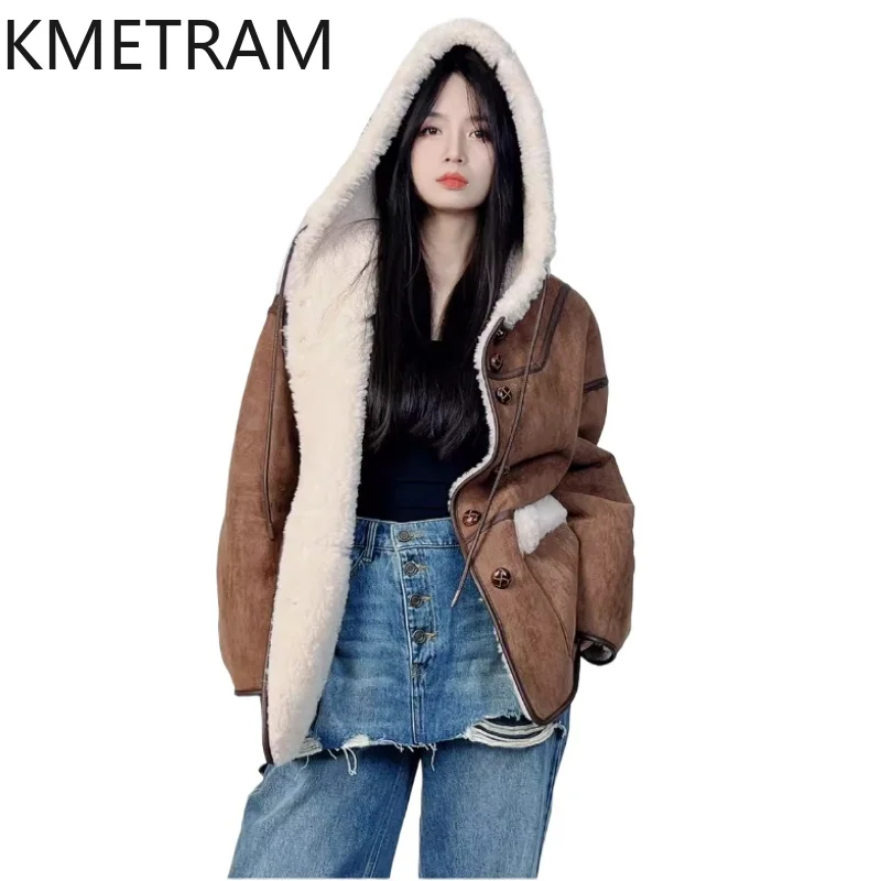 

KMETRAM пальто из 100% шерсти, женская двусторонняя куртка для стрижки высокого качества с капюшоном, зимняя одежда, теплые меховые куртки 2025 пальто
