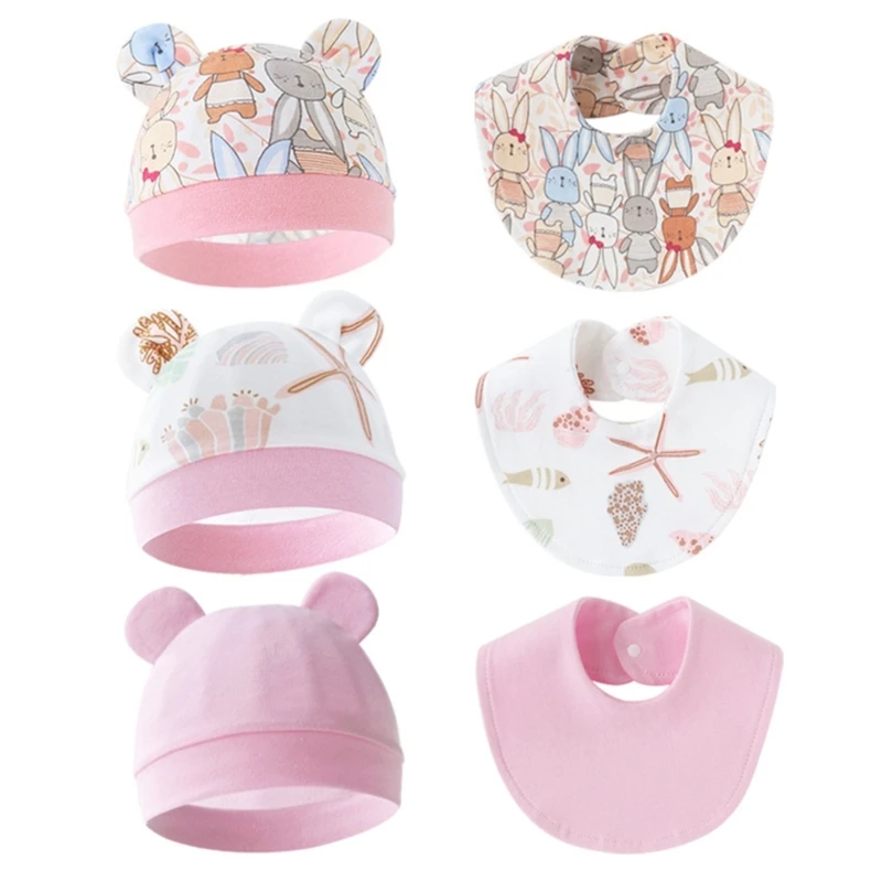 3 Set Baby Drooling Bib Solid/Cartoon Print Feeding Burp Cloth Soft Absorbent Saliva Towel with Matching Bonnet Hat