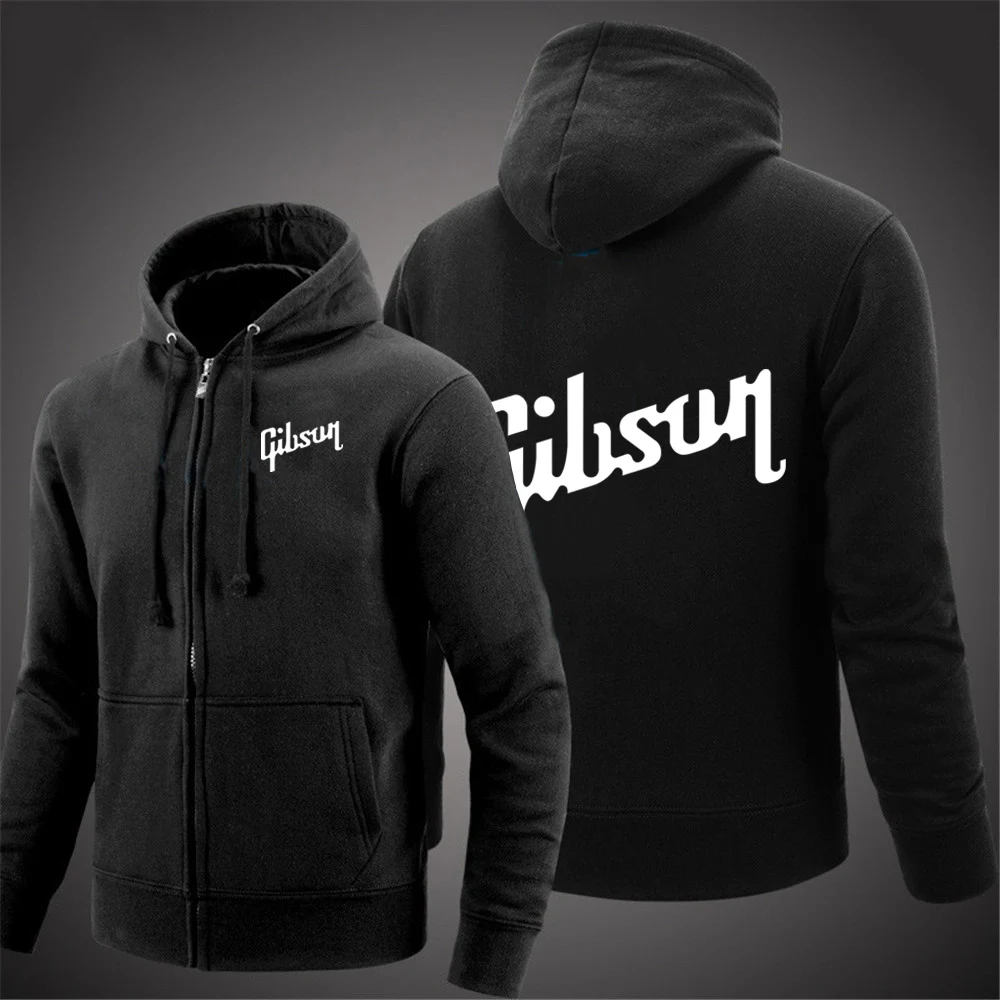 2024 Spring Autumn Gibson Logo Printing Long Sleeve Popular Zipper Loose Coat Men's Streetwear Casual Solid Color Hooded Hoodies