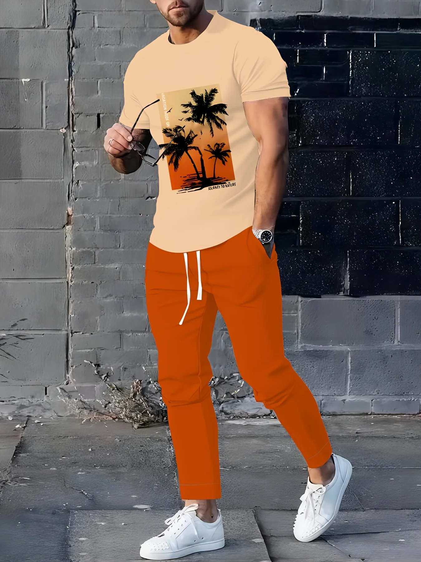 

2026 Summer New Men's Short-Sleeved Long Pants Set with 3D Coconut Tree Pattern Print for Street Casual Comfort and Softness