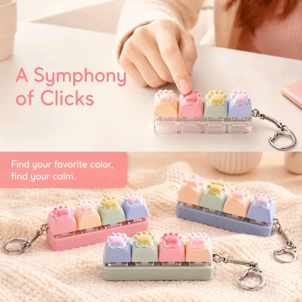 Backpack Pendant Cat's Paw Keyboard Fidget Colorful Design Cat Paw Shape Cat Paw Squishy Keychain 4 Keys Smooth Texture