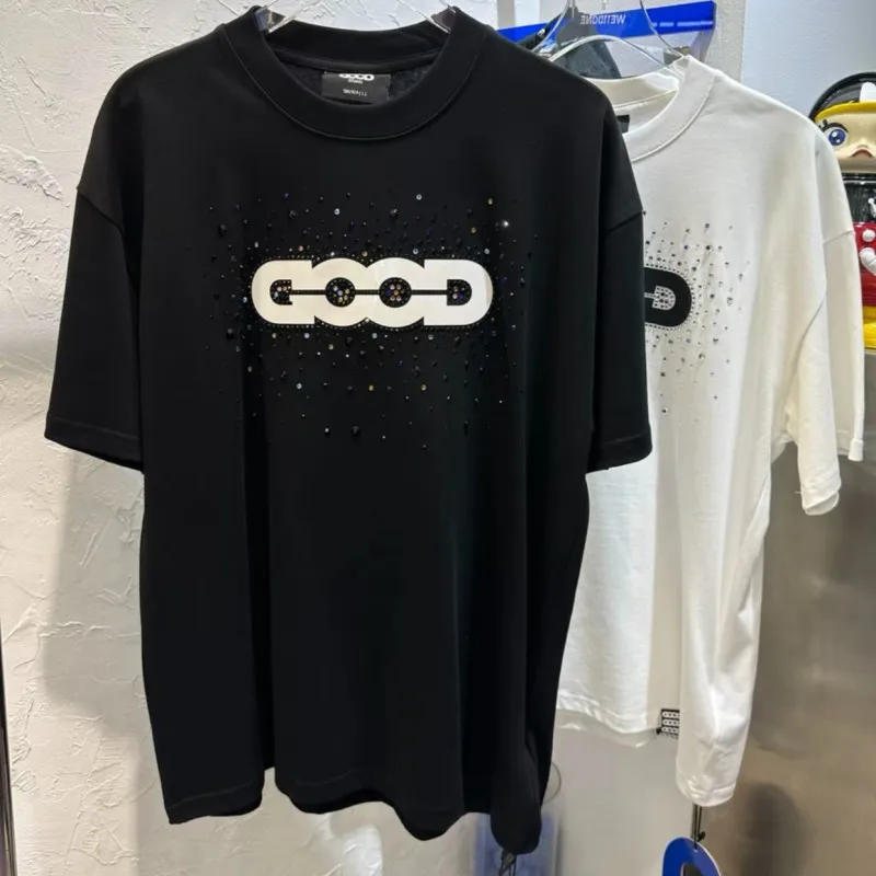 Colorful Hotfix Rhinestone Letter Print GOODBRAND Tshirts Black White Casual Short Sleeve Men Women Top Tees Casual Streetwear