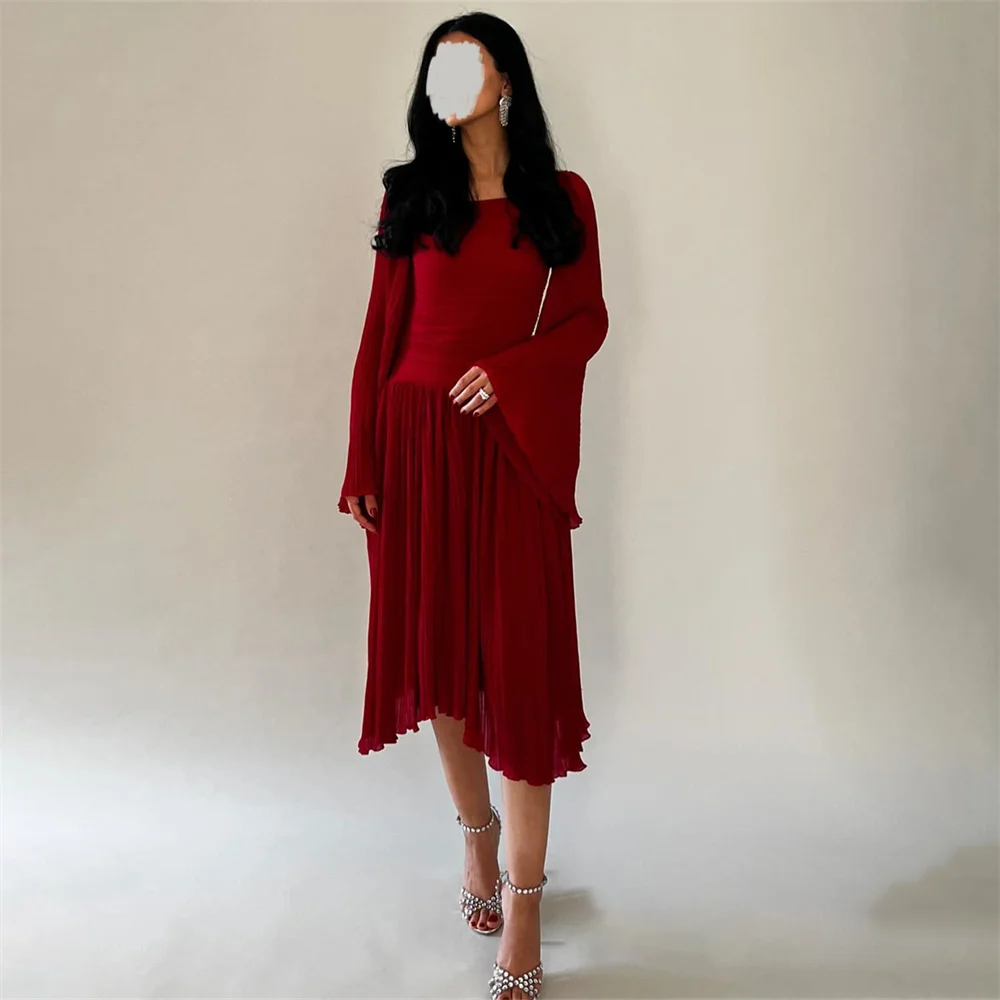 

Simple Pleat Classic Evening Dress For Woman Full Sleeve Tea Length Vintage Long Elegant Dark Red Long Ball Woman Gown 2024