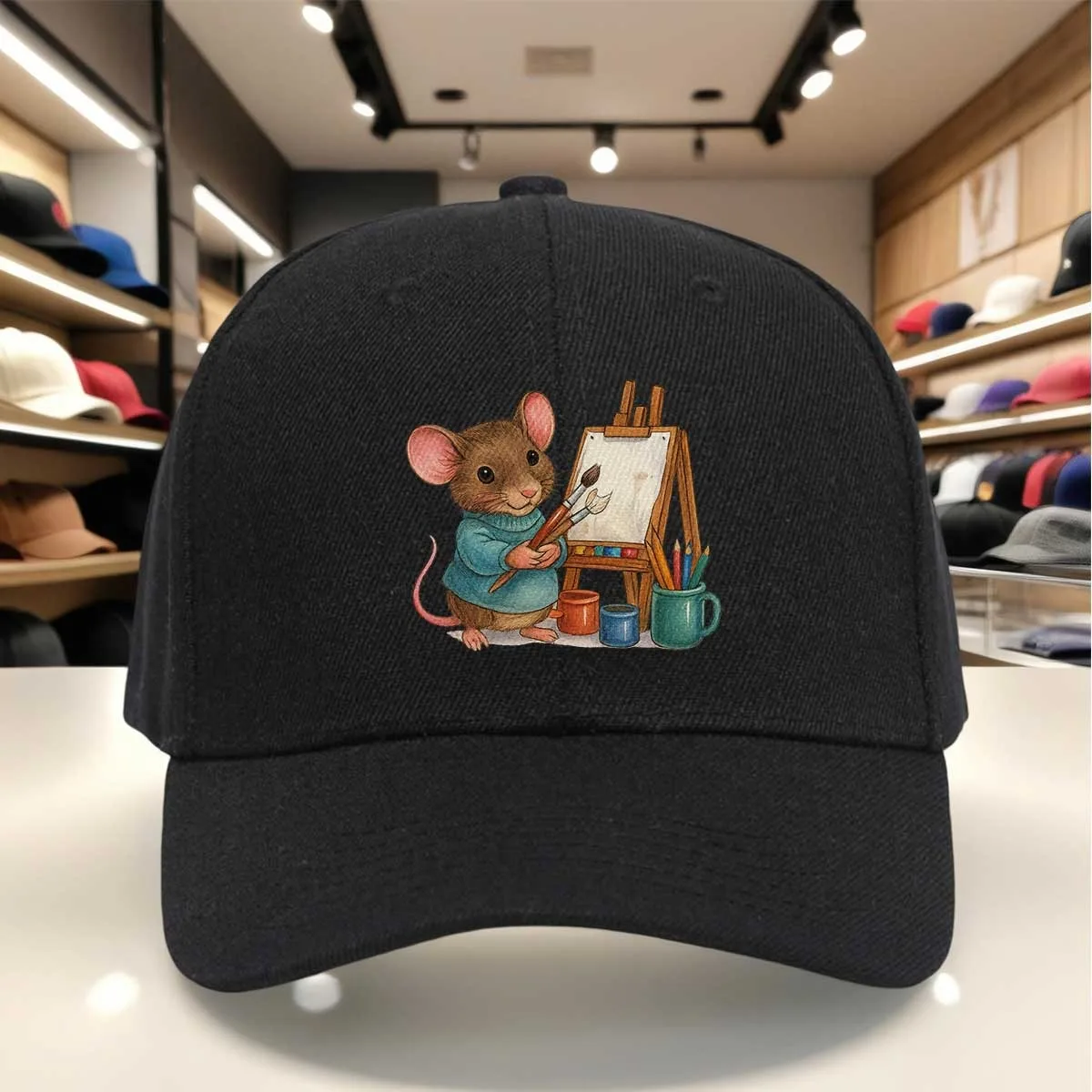 Cute Cartoon Mouse Painting on Easel Baseball Cap, Animal Art Print Hat, Casual Fashion Accessory